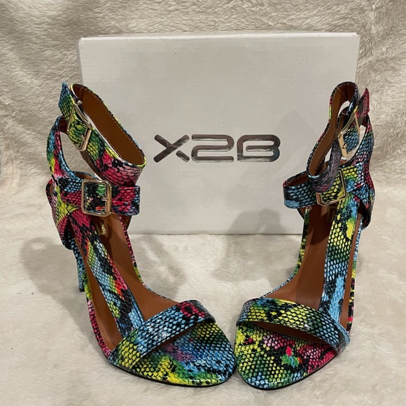 X2B colorful snakeskin double strap stiletto heels gold hardware hot pink - Picture 6 of 10